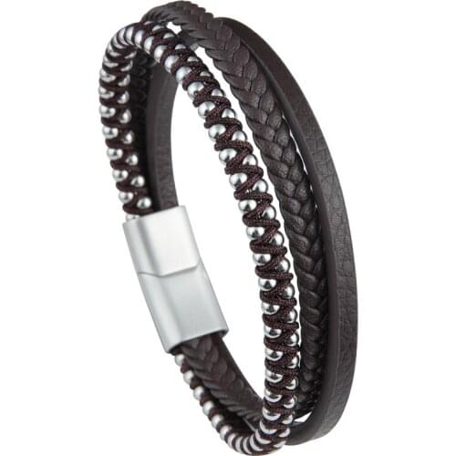 Vanbula Fashion Retro Woven Geometric Stainless Steel Couple Leather Rope Bracelet Holiday Gift Bracelet Jewelry