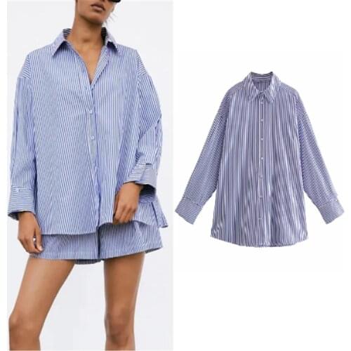 ZA 2021 Women Blouse Single Breasted Casual Tops Shirts Long Sleeve Striped Oversized Turn Down Collar Female Loose Blouse