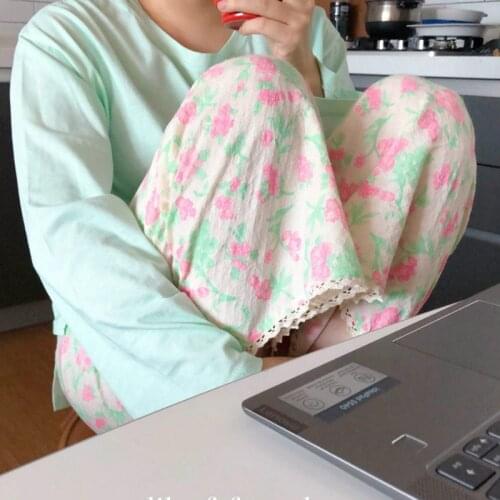 Womens Sleepwear Cotton Fluorescent Color Floral Pajama Pants.Vintage Ladies Girls Drawstring Pyjama Trousers Sleep Bottoms