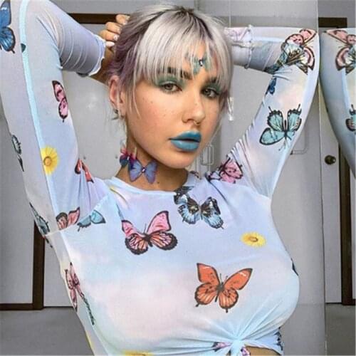 Female Butterfly Print T-shirts New Mesh Sheer Long Sleeves Bodycon Sexy Summer Tops Wear Women Fashion See-through Tee Shirts
