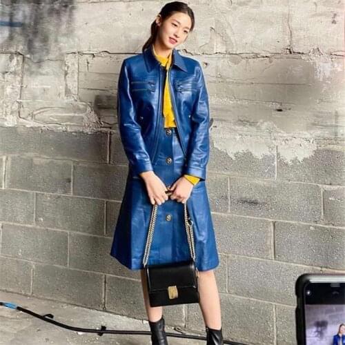 2020 women autumn winter brand new real leather skirt sets sheepskin short jackets + buttons split knee length skirts A89