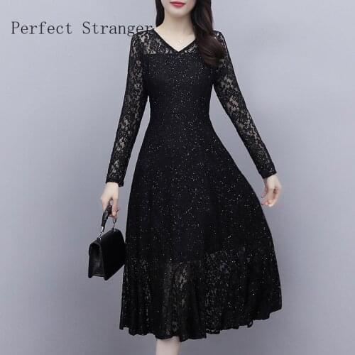 2021 Autumn Winter New Arrival High Quality Retro Sequins Long Sleeve V Collar Collect Waist Women Long Lace Dress