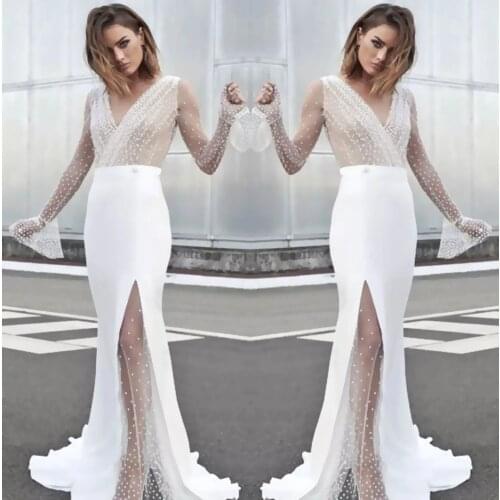2020 Sexy V-neck See-through Dresses Women Harajuku Long Party Wedding Trumpet / Mermaid Lace Floor-Length