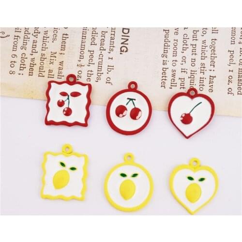 50pcs/lot cartoon Cherry lemon core Rubber paint rounds/square/hearts shape alloy flaoting locket charms diy jewelry accessory
