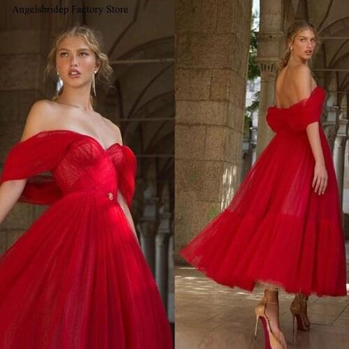 Angelsbridep Sexy Red Off the Shoulder Evening Dresses 2021 Ankle Length A Line With Sleeves Lady Formal Party Prom Gowns