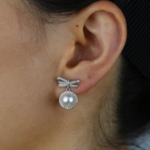 White pearl bead cz bow tie lovely girl women dangle drop earring high quality fashion jewelry