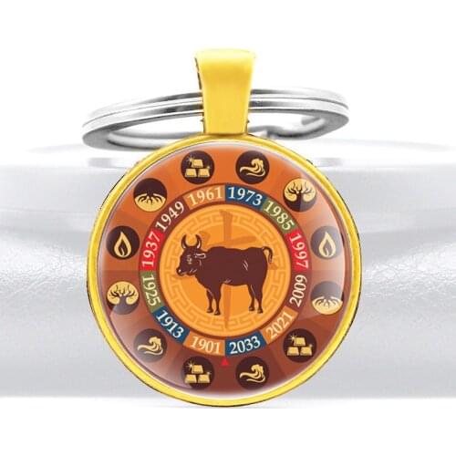 Classic Zodiac Cow Design Glass Cabochon Metal Pendant Key Chain Charm Men Women Key Ring Jewelry Gifts Keychains