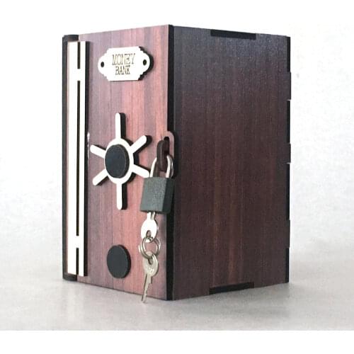 Creative Wood Saving Box Piggy Bank with Steel Lock Money Bank Dark Brown