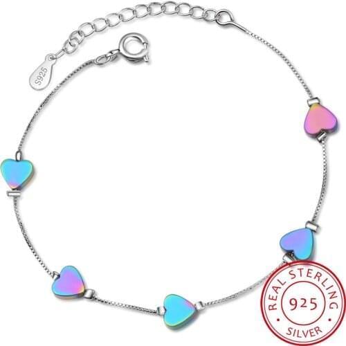 Sweet Coloful Love Heart 925 Sterling Silver Bracelet For Women Fine Jewelry S-B213