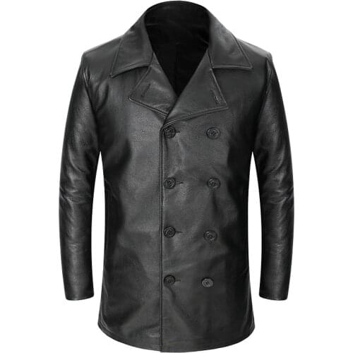 Mens Genuine First Layer Cowhide Mid-Length Cowhide Leather Jacket Trench Coat Slim Motorcycle Suit Cowhide Leather Jacket Coat