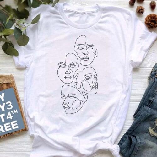 New Fuuny Line Face Art Printed Women T Shirt High Quality Drawing Print Female T-shirt Summer 90s Girls Short Sleeve Shirts Top