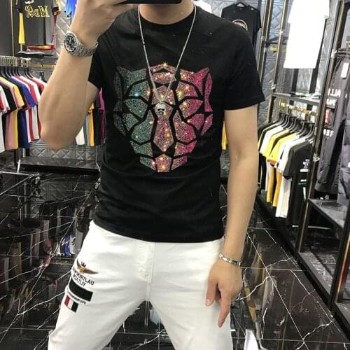 2021 European New Popular Mens T-Shirt Cotton Breathable Hot Drill Skull Loose Casual Sports Fashion Top Super Large Size