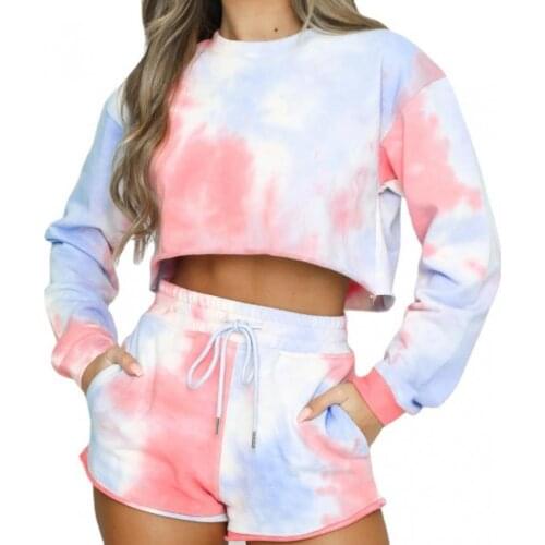 New Sports Womens Two-Piece Sexy Fashion Tie-Dye Long-Sleeved Crop Top and Drawstring Shorts Suit