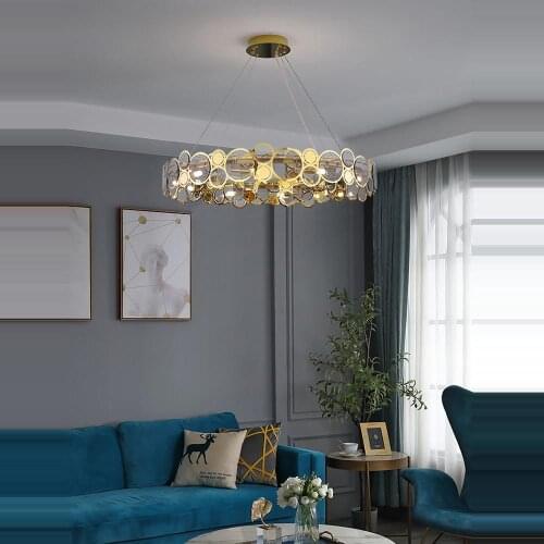 LED Postmodern Glass Iron Gold Round Chandelier Lighting Lustre Suspension Luminaire Lampen For Dinning Room