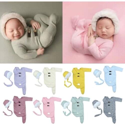 Newborn Infant Baby Girls Boys Solid Colors Knitted Photography Prop Clothing Footed Romper Button Overalls Hat