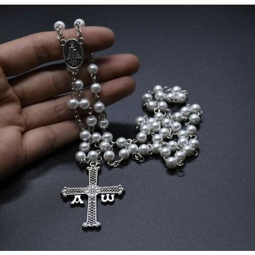 Unique Simulated Pearl Christian A W Greek Cross Pendant Rosary Necklace Religious Prayer Jewelry Confirmation Communion Gifts