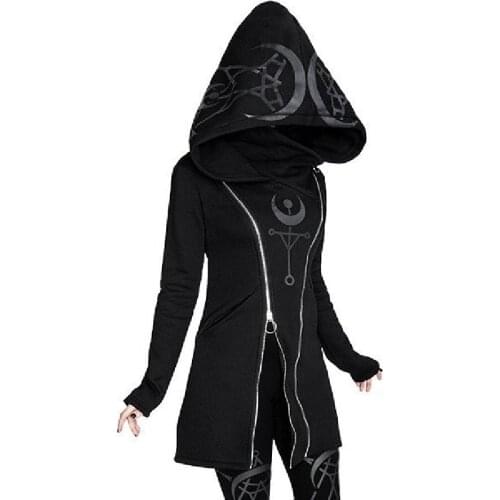 Punk Oversized Hoodies Vintage Print Long Sleeve Hooded Clothes Women Zip Up Sweatshirts Long Loose Gothic Black Hoodie S-5XL