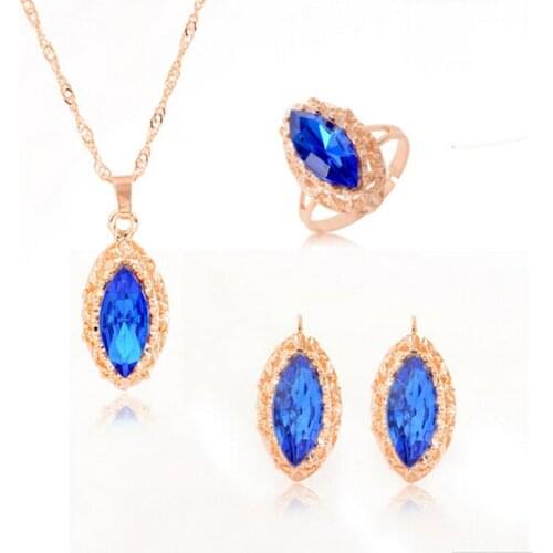 ZOSHI Long Blue Crystal Earrings Necklace Adjustable Ring Set Gold Color Drops Earrings Necklace Set Elegant Lady Jewelry Set