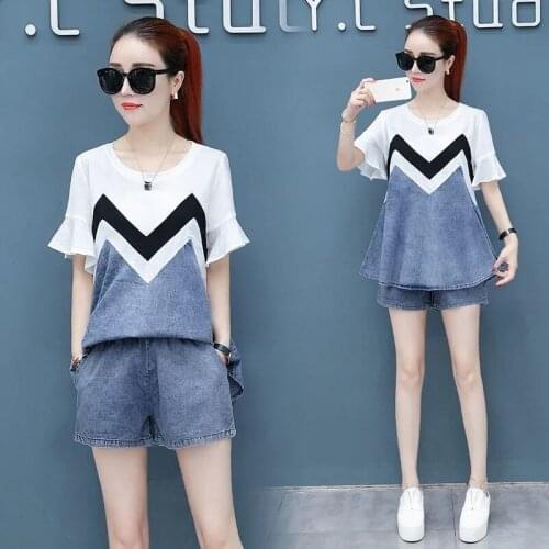 Womens Suit Casual Shirt Fashion Korean Jean 2021 New Summer Crop Top Denim Biker Shorts Two Piece Set Women Plus Size Clothing