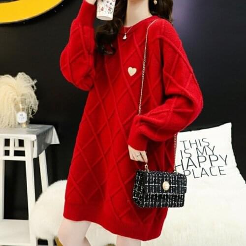 Spring New Ladies Thicken Knitted Sweaters Korean Geometry Pattern Love Print Loose Women Red Pullover Clothes Sueters De Mujer