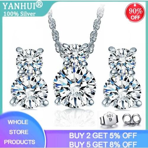 YANHUI Bride Fine Jewelry Set 925 Sterling Silver 5mm 0.5ct Zirconia Diamond Necklace&Earrings Set for Women Anniversary Gift
