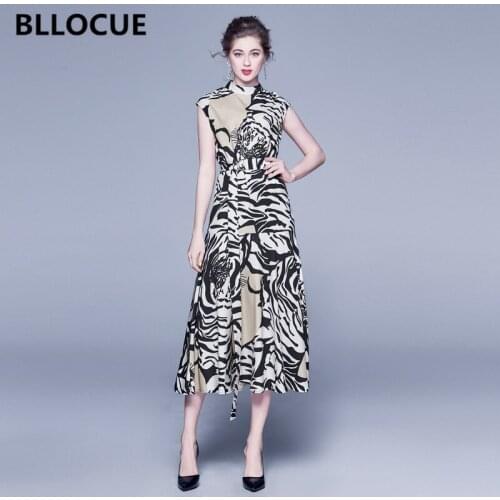 BLLOCUE 2019 Autumn Runway Designer Tiger pattern Print Dress Women Fashion Stand Collar Sleeveless With Belt Temperament Dress