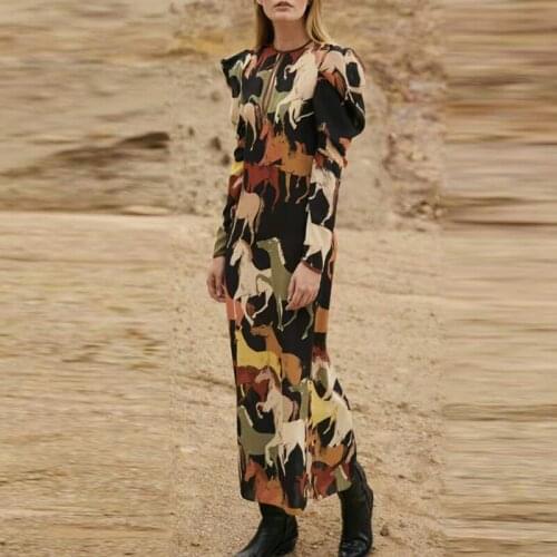 Fashion Runway 2021 Autumn Dress Women New Design colt Printed Puff Sleeve High Quality Elegant Midi Dresses