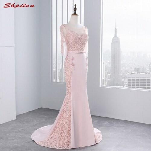 Pink Long Sleeve Lace Mermaid Evening Dresses Party Women Prom Formal Evening Gowns Dresses Wear robe de soiree longue