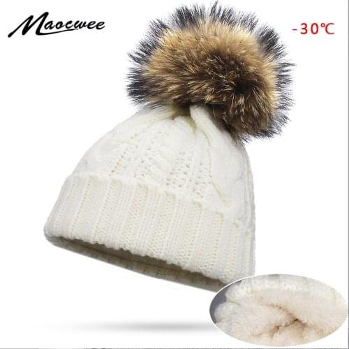 Winter Women Men Nature Fur Pompom Beanies Hats Twisted Pattern Caps Real Fur Pompon Beanies Plus Velvet Warm Heater Outdoor Hat
