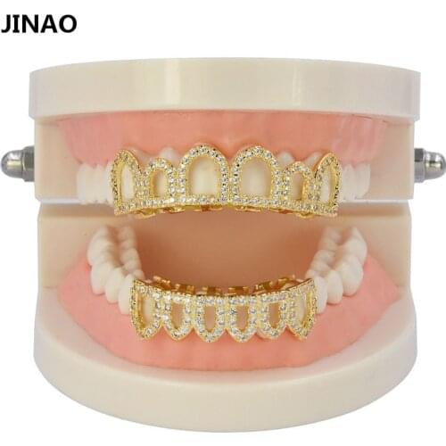 JINAO Hip Hop Teeth Grills Caps Micro Pave CZ Stone Six 6 Open Hollow Top & Bottom Set Men Women Teeth Grillz Ship From US