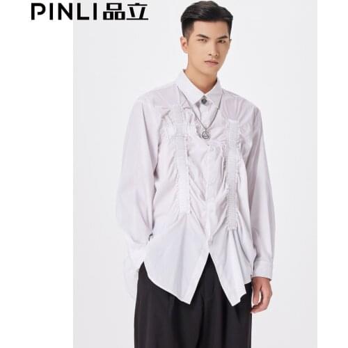 Free Shipping New Pinli 2021 Autumn Mens Black White Solid Color Pleated Design Casual Long-sleeved Shirt For Men B213313054