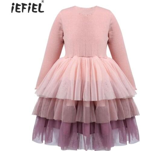 Elegant Kids Flower Girls Dress Children Clothes Long Sleeve Ruffled Layered Princess Mesh Tutu Dress Birthday Party Dresses