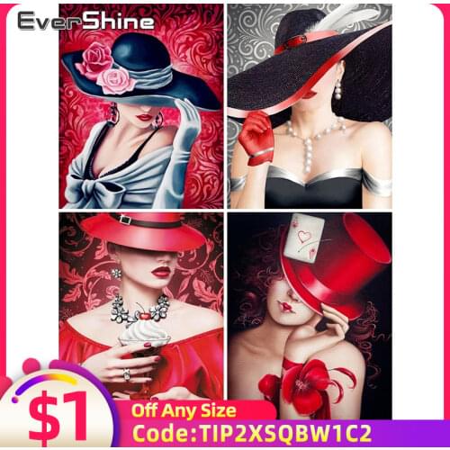 EverShine Diamond Embroidery Portrait Mosaic Art Kits 5D Diamond Painting Woman Picture Of Rhinestones Hat Handmade Hobby