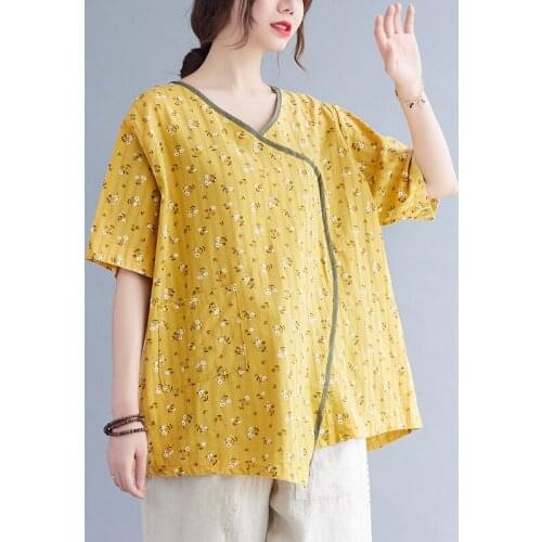 Chinese Style Vintage T Shirts Loose Tops Print Floral Soft Cotton Fashion Women Summer T Shirts Lady Casual T-shirt Tees Shirt