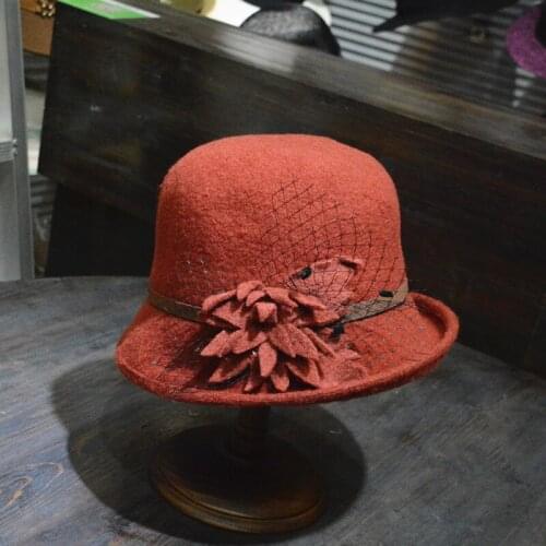 Hua Qiao Ma'am Grace Flower Soft Wool Felt Hat Volume Edge Formal Hat Soft Foldable