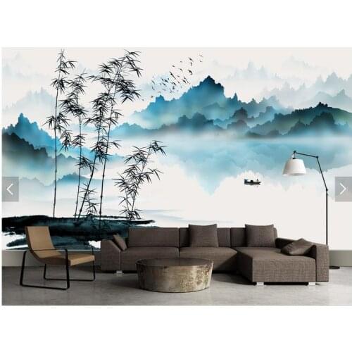 Custom Chinese painting wallpaper, Mountain and water boat bamboo, ink painting for living room TV sofa background wall paper