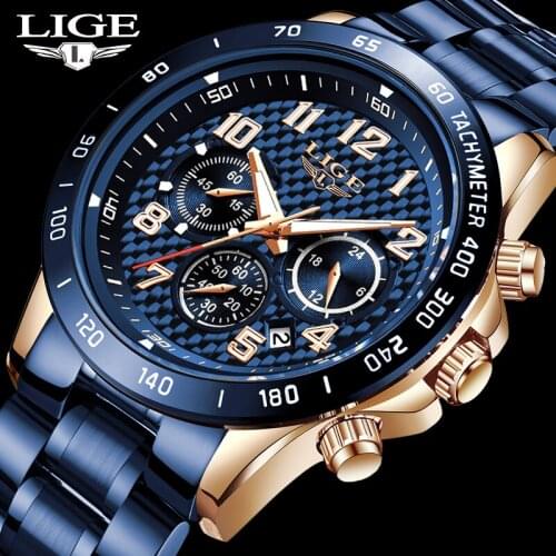 LIGE Fashion Business Blue Men Watches Top Brand Luxury Clock Male Military Full Steel Waterproof Quartz Watch Relogio Masculino