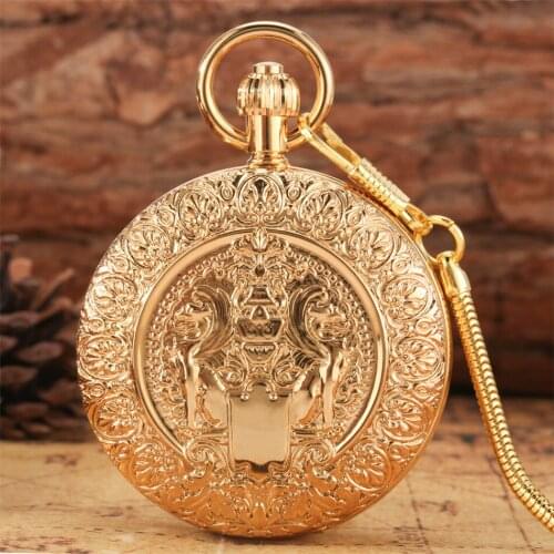 Gold Pure Copper Mechanical Pocket Watch Automatic Self-Wind Pendant Pocket Clock Exquisite Pattern Double Hunters Antique Watch