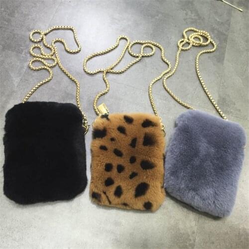 2021 New Rex Rabbit Fur Mobile Phone Bag Plush Bag Fur Coin Purse One-Shoulder Diagonal Bag Lady Fur Mobile Phone Bag