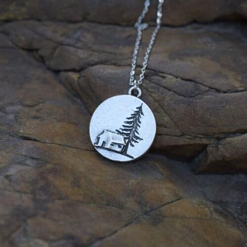 Original House And Pine Tree Necklace 3d House Round Circle Hiker Camper Nature Travel Simple Boho Everyday Pendant Necklaces