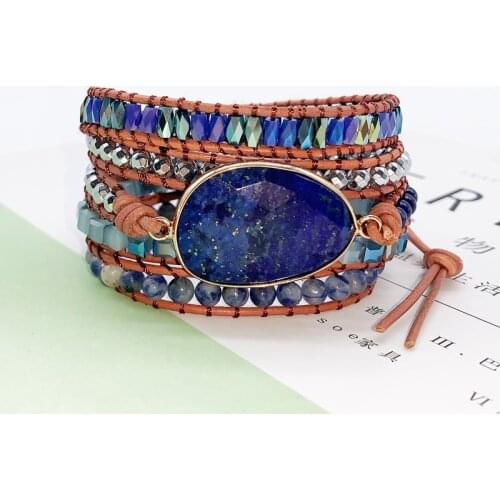 Native Inspired Designer Leather Bracelet Black Onyx Mix 5 Strands Woven Wrap Bangles Bohemian Jewelry Dropship Valentines Gift