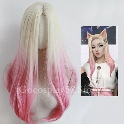 NEW KDA Ahri Wig LoL Cosplay Gradual Beige Pink Synthetic Hair Middle Part 60cm Long Straight Wig Women Ahri Cosplay