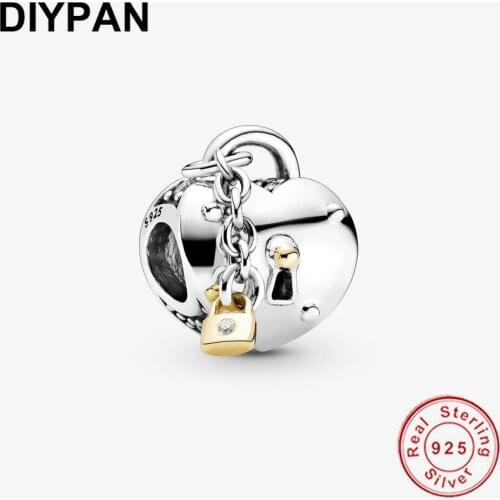 Real 925 Sterling Silver Two-Tone Heart and Lock Charm Fit Original Pandora Charms Bracelet Pendant Bead Jewelry Berloque