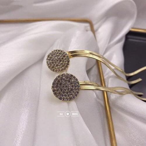 Gold Color Hanging Drop Earring Snake Chain Tassel Long Dangle Earrings For Women With Rhinestone Stones Bride Party Jewelry