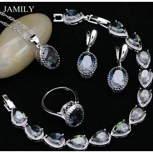 Rainbow Topaz Beads Jewelry Sets Decoration 925 Silver Jewelry for Women Earrings/Pendant/Ring/Bracelet/Necklace Gift Jewelry