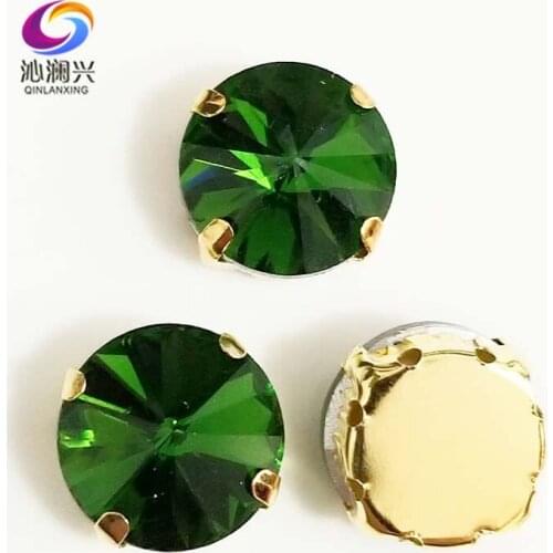 Grass green round shape golden bottom AAA Glass Crystal sew on claw rhinestones with holes,Diy Clothing accessories SWRG21