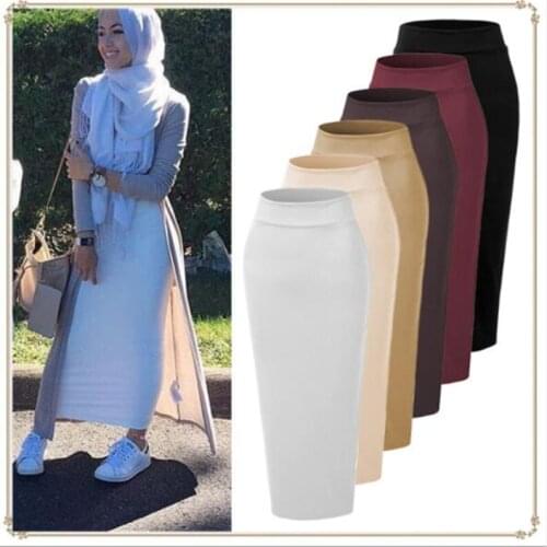 Spring Autumn Muslim Women Cusual Cotton Long Pencil Skirt Elastic Waist Ankle-Length Long Bust Skirt Girls