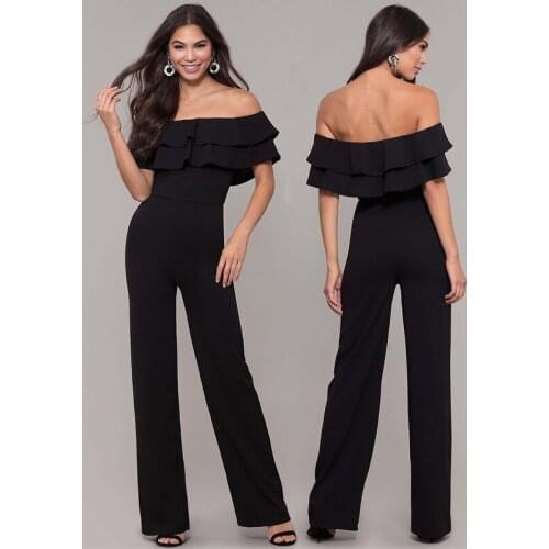 New 2021 fashion polyester Ruffle women jumpsuit black wine red one piece set casual summer suits evening club womens pants