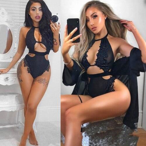 Womens Sexy Lingerie See-through Lace Mesh Sissy Bodysuit Transparent Backless Babydoll Womens Underwear Nightwear Sleepwear