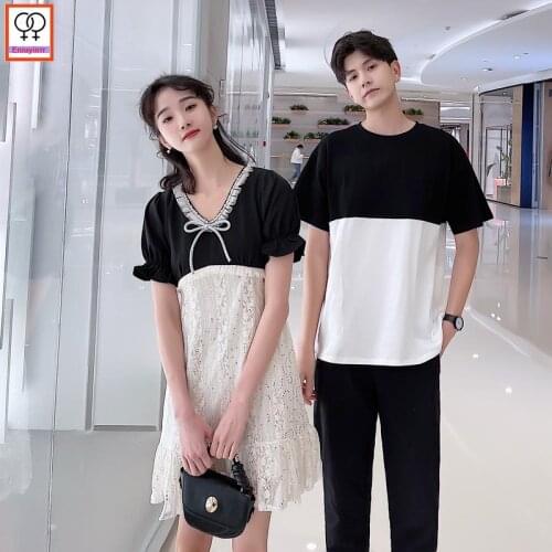 2021 Summer Matching Couple Clothes Lovers Date Honeymoon Male Female Bow Tie Cute Sweet Women Dress